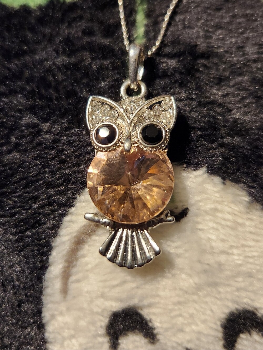 Silver Owl Pendant Necklace with Pink Crystal